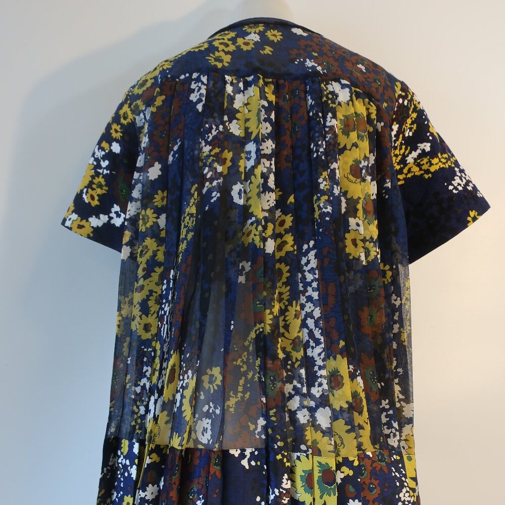 Women Sacai Blue Maoon Floral Corduroy Short Sleeve Pleated Top Blouse L - Picture 8 of 10